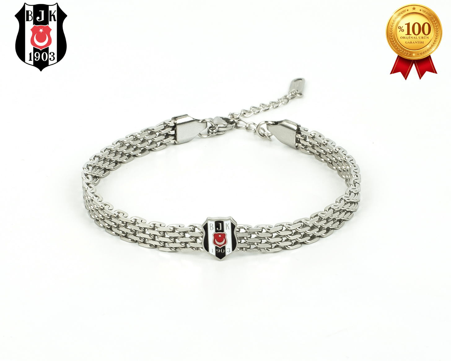Besiktas Logolu Hasır Desenli Paslanmaz Çelik Ayarlanabilir Zincir Unisex Bileklik